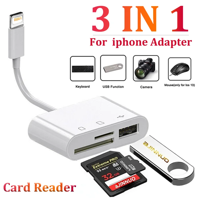3 in 1 Lightning Adapter to SD TF Card Reader for iPhone 15 14 13 12 Pro Max  Camera Memory OTG Adapter for Huawei Xiaomi Samsung
