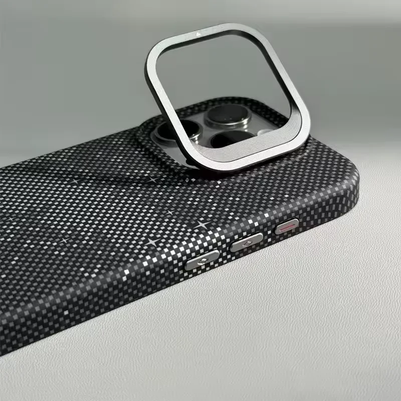 Premium Alloy Lens Stand Holder with Wireless Charging for MagSafe Phone Case - Sleek Pixel Textured Hard Back Cover