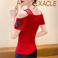 جديد السيدات شبكة تي شيرت مصمم فراشة الساخن الماس المرأة بلايز الصيف مثير خارج الكتف تيز بلوزة قمصان الملابس 2