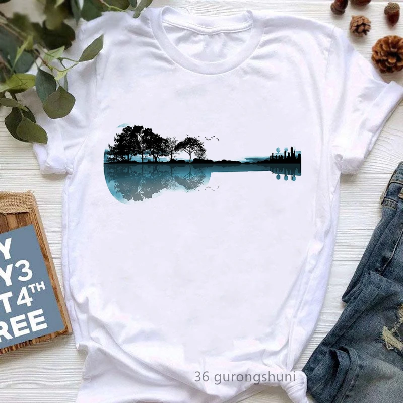 

Watercolor Guitar Reflection Print Tshirt Women Aesthetic Clothes Tree Birds T Shirt Femme Harajuku Shirt Summer Fashion T-Shirt