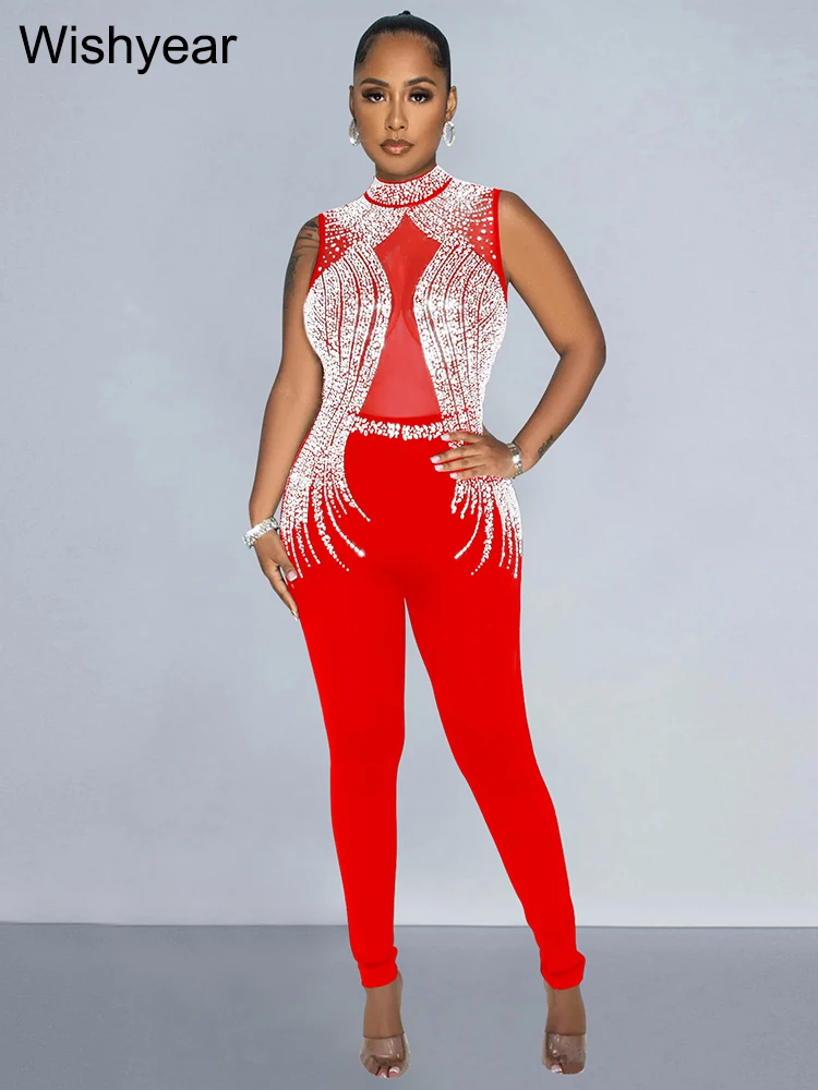 Wishyear Sexy One Piece Suit Club Outfits Women See Through Mesh  Diamonds Rhinestone Skinny Sleeveless Birthday Night Jumpsuit