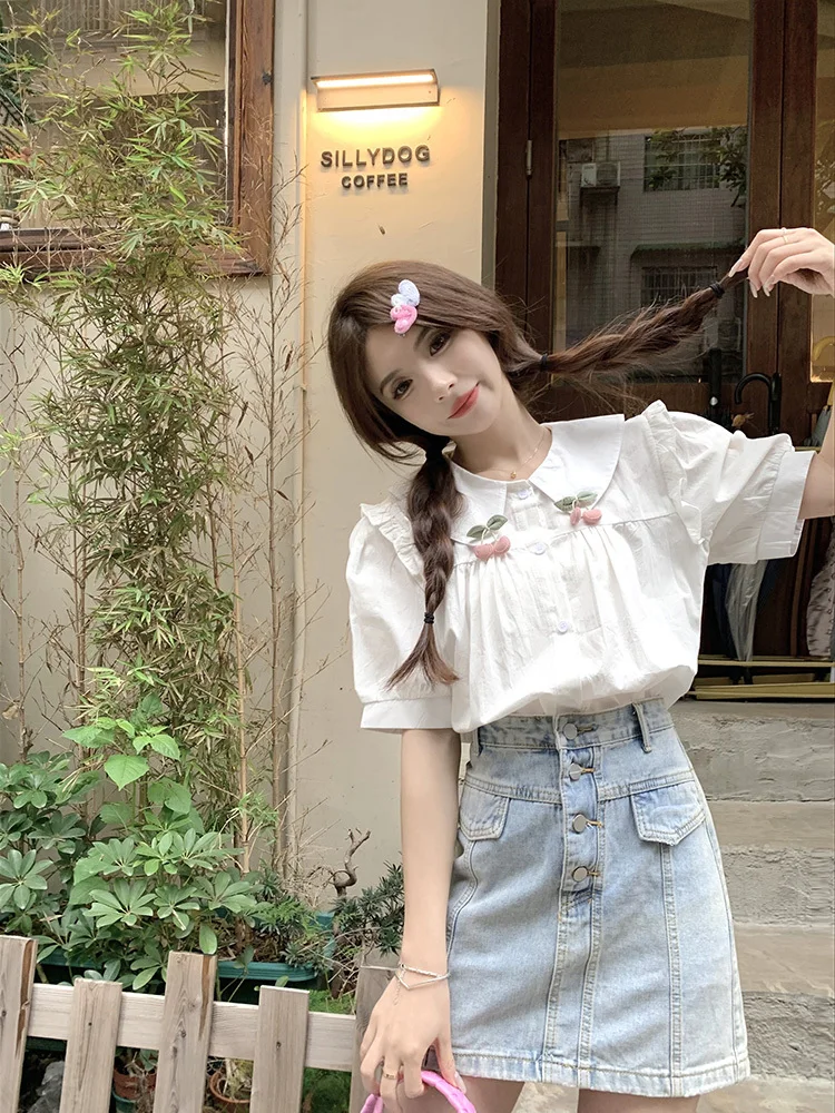 

Sweet Lolita White Shirt Women Harajuku Lace Ruffles Peter Pan Collar Blouses Preppy Style Short Sleeve Tops