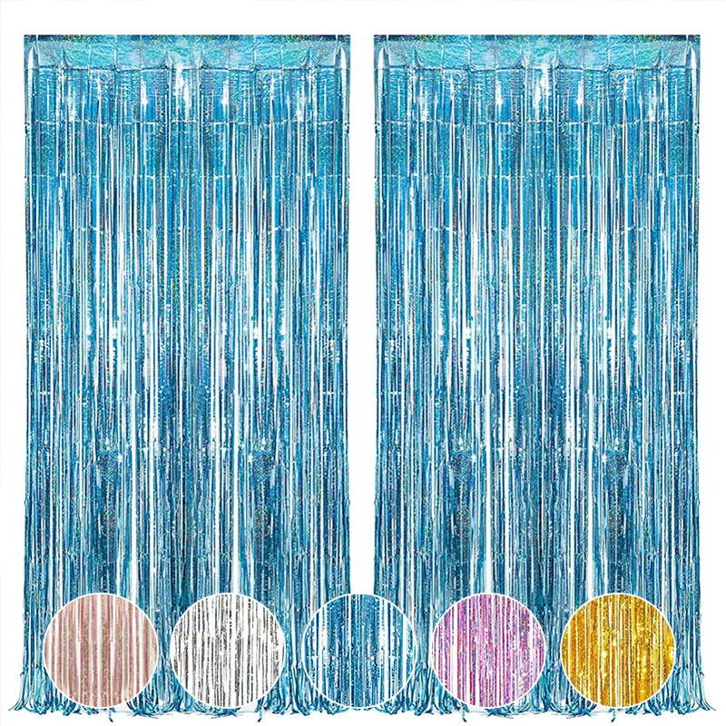 2Pack Blue Laser Metallic Foil Tinsel Fringe Curtain Backdrop Birthday Wedding Bachelorette Party Decoration Adult Anniversary birthday party supplies,birthday background supplies,birthday backdrop decoration,photography backdrops