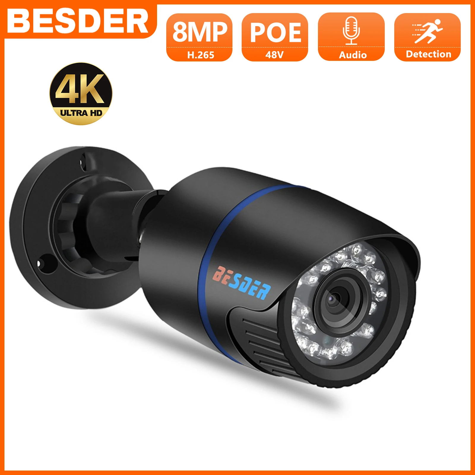 BESDER Ultra HD 8MP 4K IP Camera 48V POE 5MP 3MP 1080P Motion Detection RTSP Email Alert CCTV Video Surveillance Camera XMEye