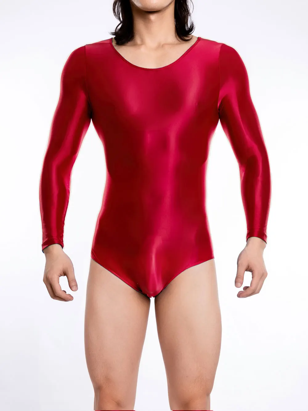 Sexy Satin Shiny Men's Bodysuit Sheer See Through U Bulge Pouch Thong YogaTights High Elastic Slip Long Sleeve Leotard Shapewear