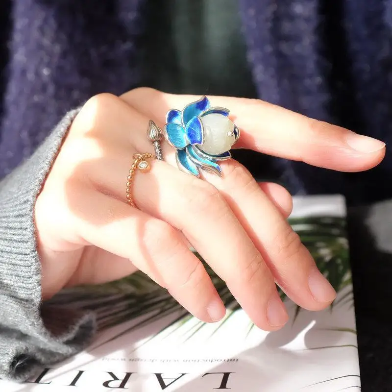 Silver Ring Natural Hetian jade Enamel Porcelain Lotus Canopy Open Ring Chinese Retro Design Jewelry
