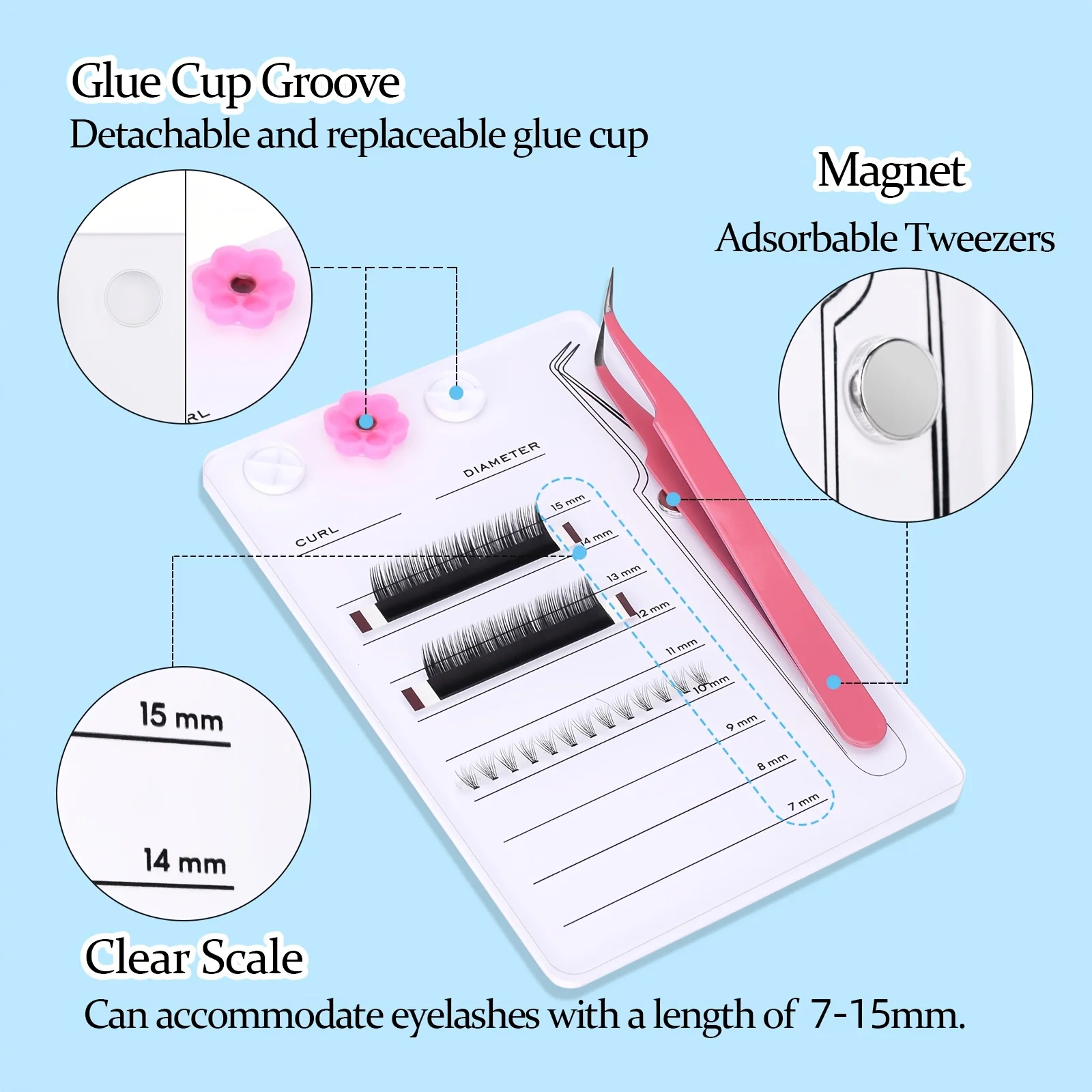 자석식 아크릴 속눈썹 디스플레이 보드 - 접착제 컵과 연습 패드가 있는 다기능 스테이션, 전문 속눈썹 연장용