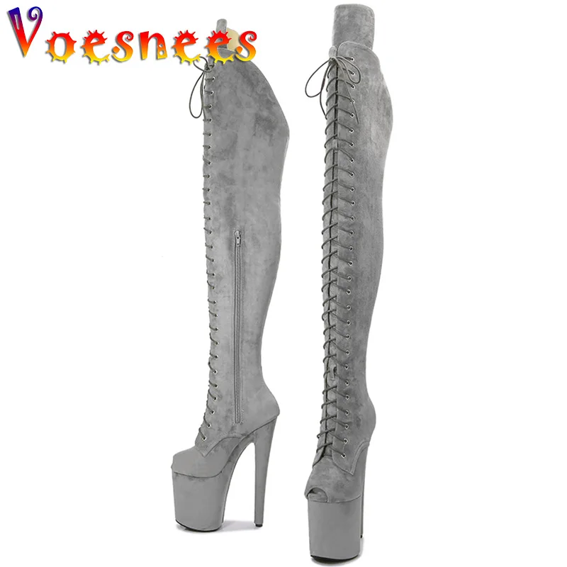 Seduzione Da Ballo Matura Peep Toe Stivali Sopra Il Ginocchio Stringate Design 20Cm Pole Dancing Shoe Modelli Di Passerella In Camoscio Grigio Tacchi 