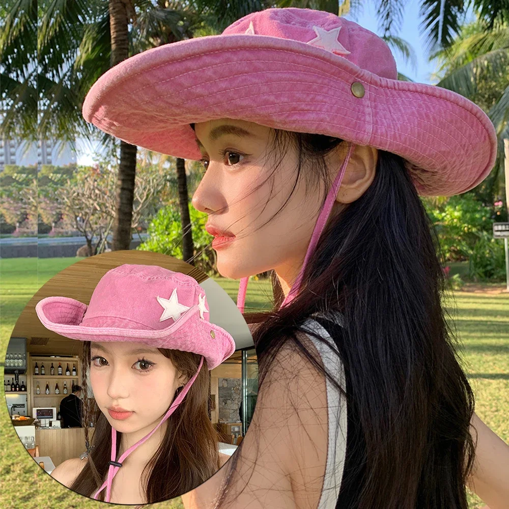 

Y2K Punk Bucket Hats Women 2023 Pink Stars Retro Big Brim Sun Protection Mountaineering Cap Summer SunHats Outdoor Men's Hat