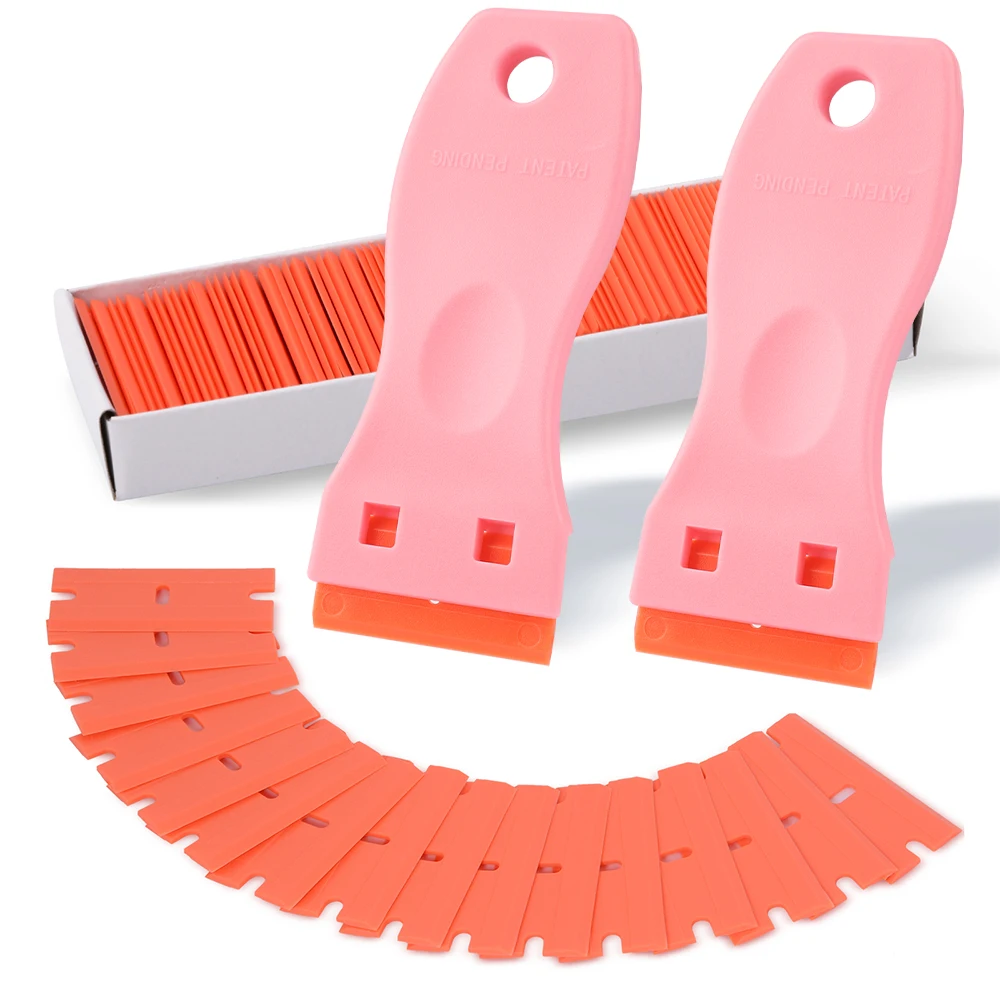 

100PCS Double Edged Blades with 2Pcs Plastic Razor Scraper Lable Clean Razor Glue Remover Adhesive Removal Scraper Hair Extensio