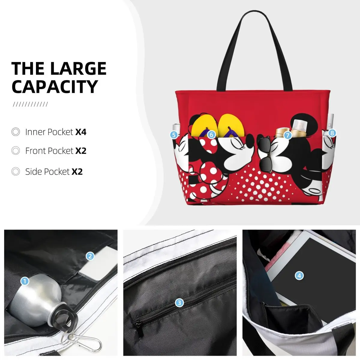 Women Disney Mickey Mouse Minnie Beach Bag Waterproof Tote Bag Pool Bag with Zipper for Gym Grocery Travel 4