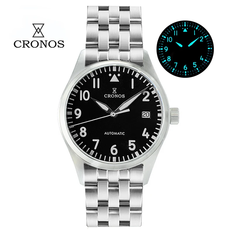 Cronos 39Mm Orologio Da Uomo Pilot Flieger Sw200 Movimento Meccanico Bgw-9 Super Lum Domed Sapphire Crystal 100M Impermeabile L6012