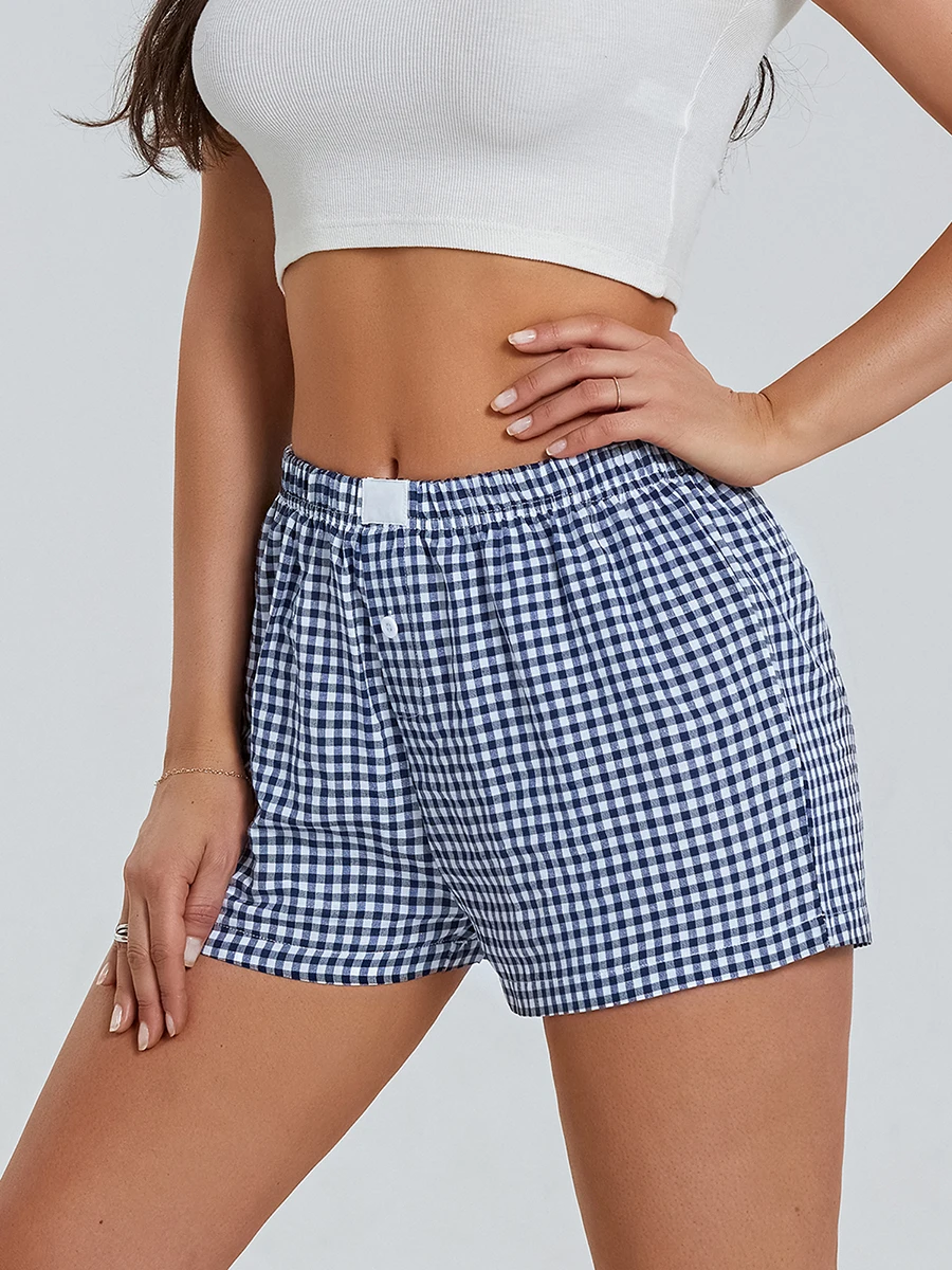 Damen Y2K Sommer-Lounge-Shorts, karierte bedruckte Sport-Shorts mit Knopf, elastischer Pyjama, kurz für Damen – Detail 7