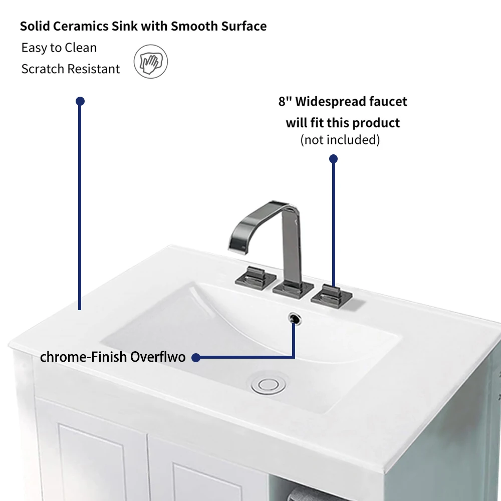 1pc 30inch Porcelain Ceramic Vanity Sink Top, Surface Bathroom Vessel Sink Basin with Three Faucet Holes, Rectangular, Glossy W 5