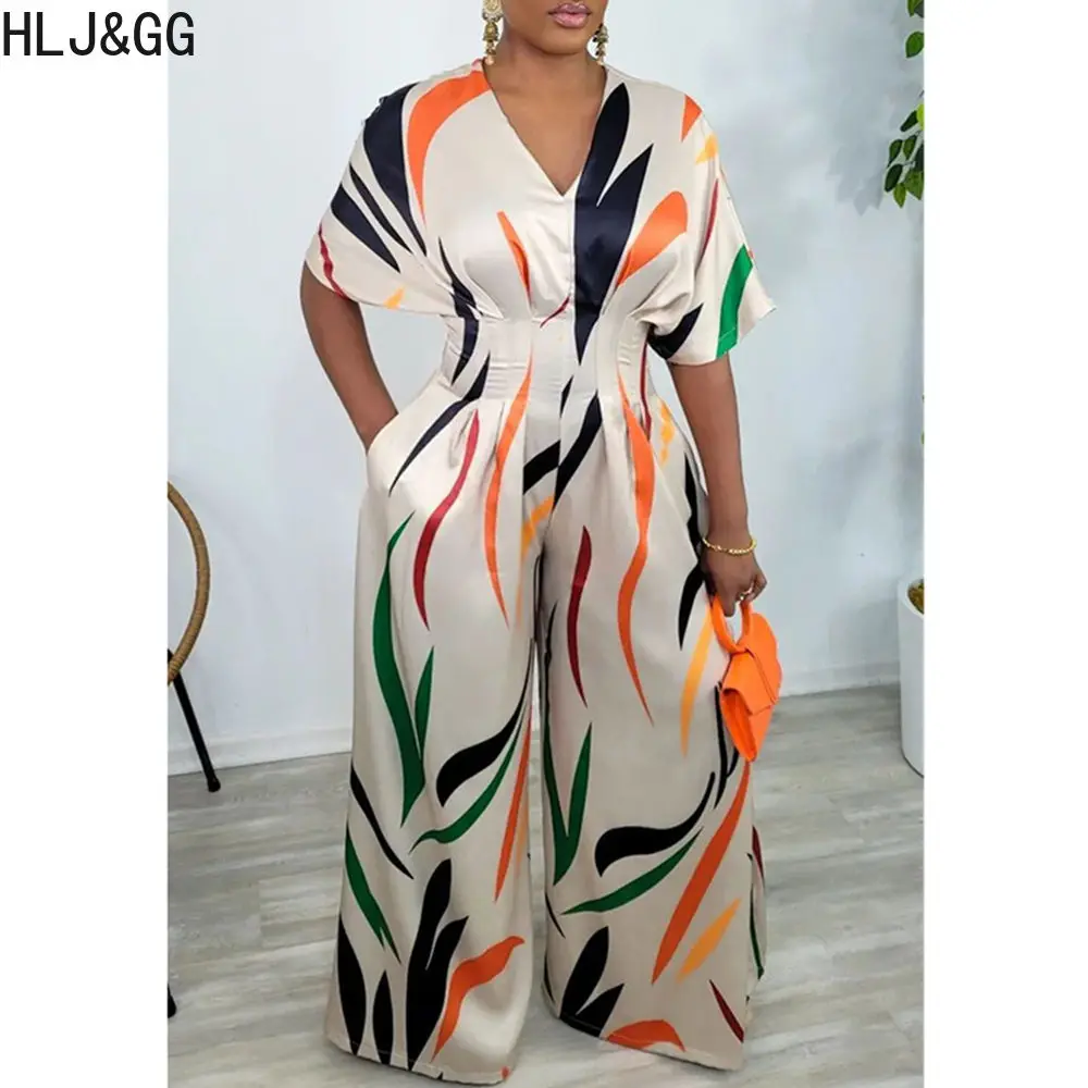 HLJ&GG Beige Casual Printint Wide Leg Pants Jumpsuits Women V Neck Short Sleeve Playsuit Elegant Lady One Piece Matching Overall