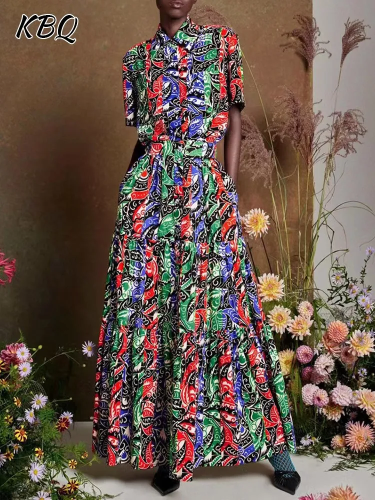 

KBQ-Женские цветные платья с принтом, короткий рукав с лацканами, высокая талия, сращенное однобортное платье со складками, женский модный стиль