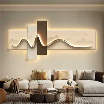Pittura decorativa del soggiorno, pittura a luce ambientale a LED, parete di fondo del divano di lusso moderna, pittura sospesa minimalista