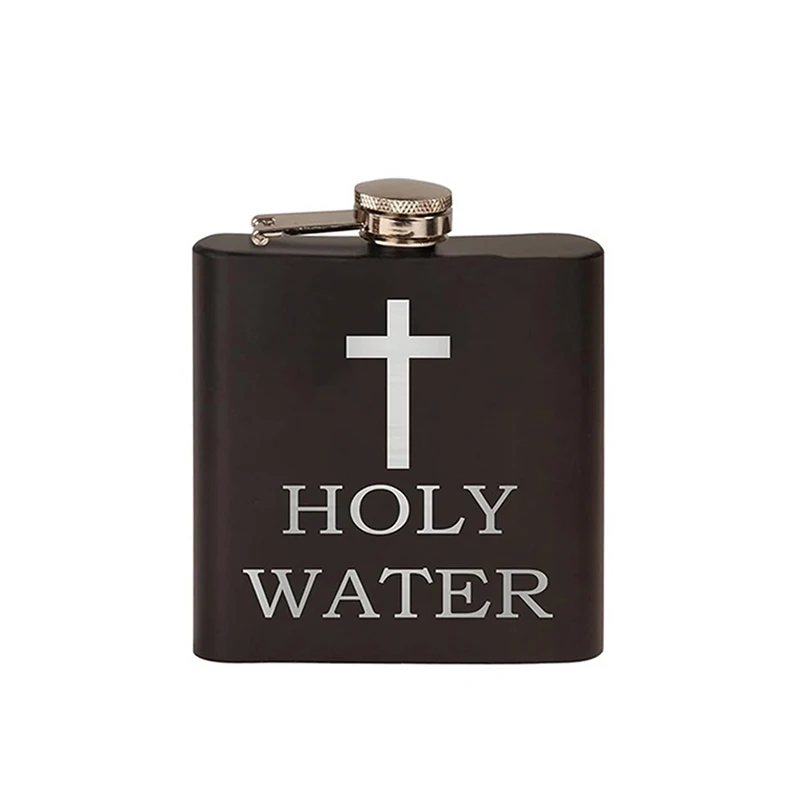 168ml Cross Pattern Holy Water Bottle Black Stainless Steel Hip Flask Portable Alcohol Whiskey Wine Pot Screw Cap