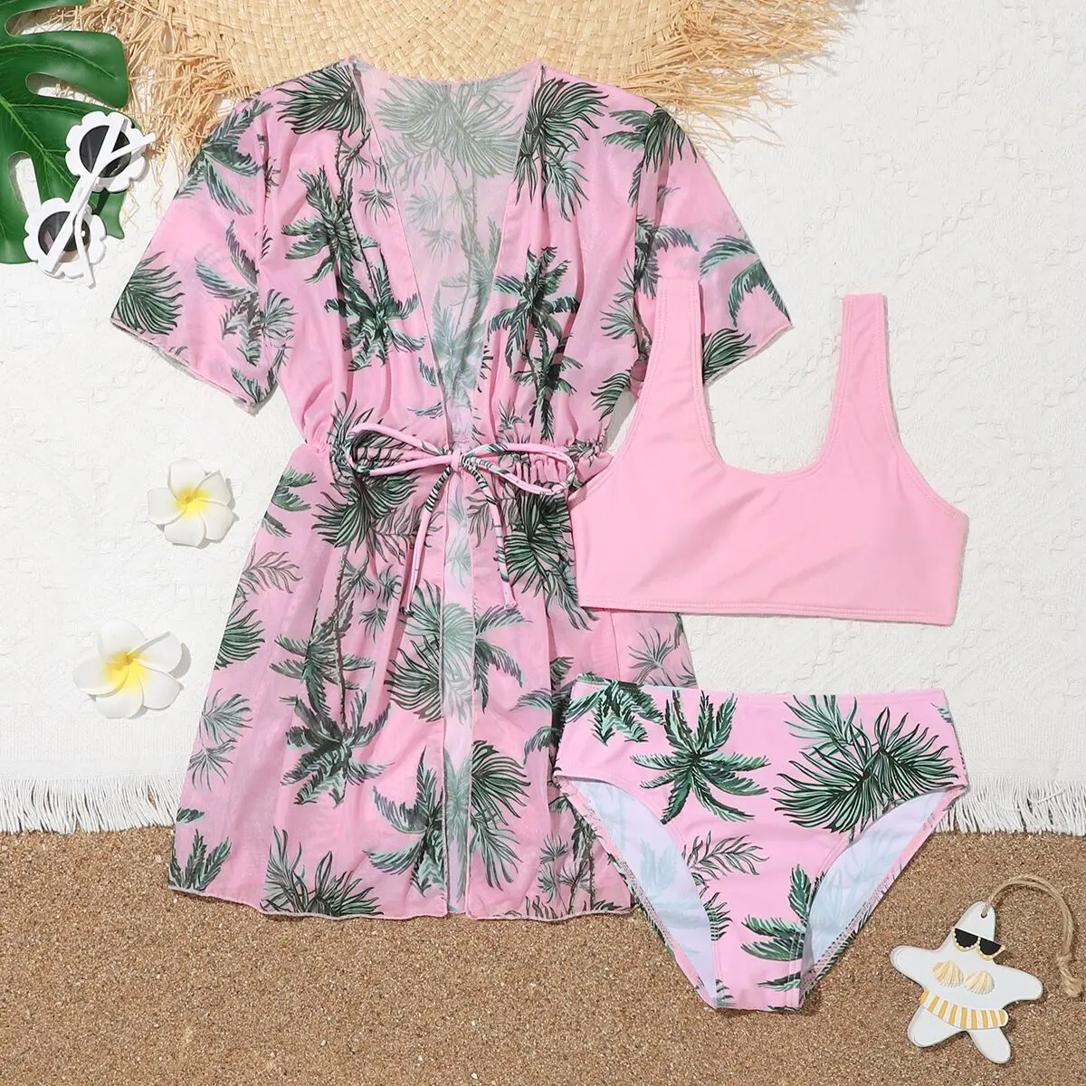 Bikini Sets Girls 3pack Palm Tree Print Bikini Kids Swimsuit Kimono 7-12 Years Three Pieces Children's Swimwear Cover Up Bathing Suits