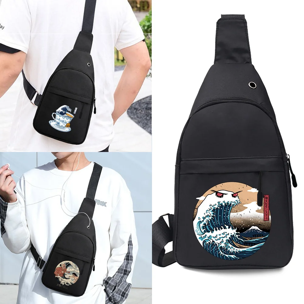 

Chest Bags Casual Shoulder Waist Bag with USB Charging Port Travel Carry Phone Wallets Organizer Crossbody Wave Print Fanny Pack
