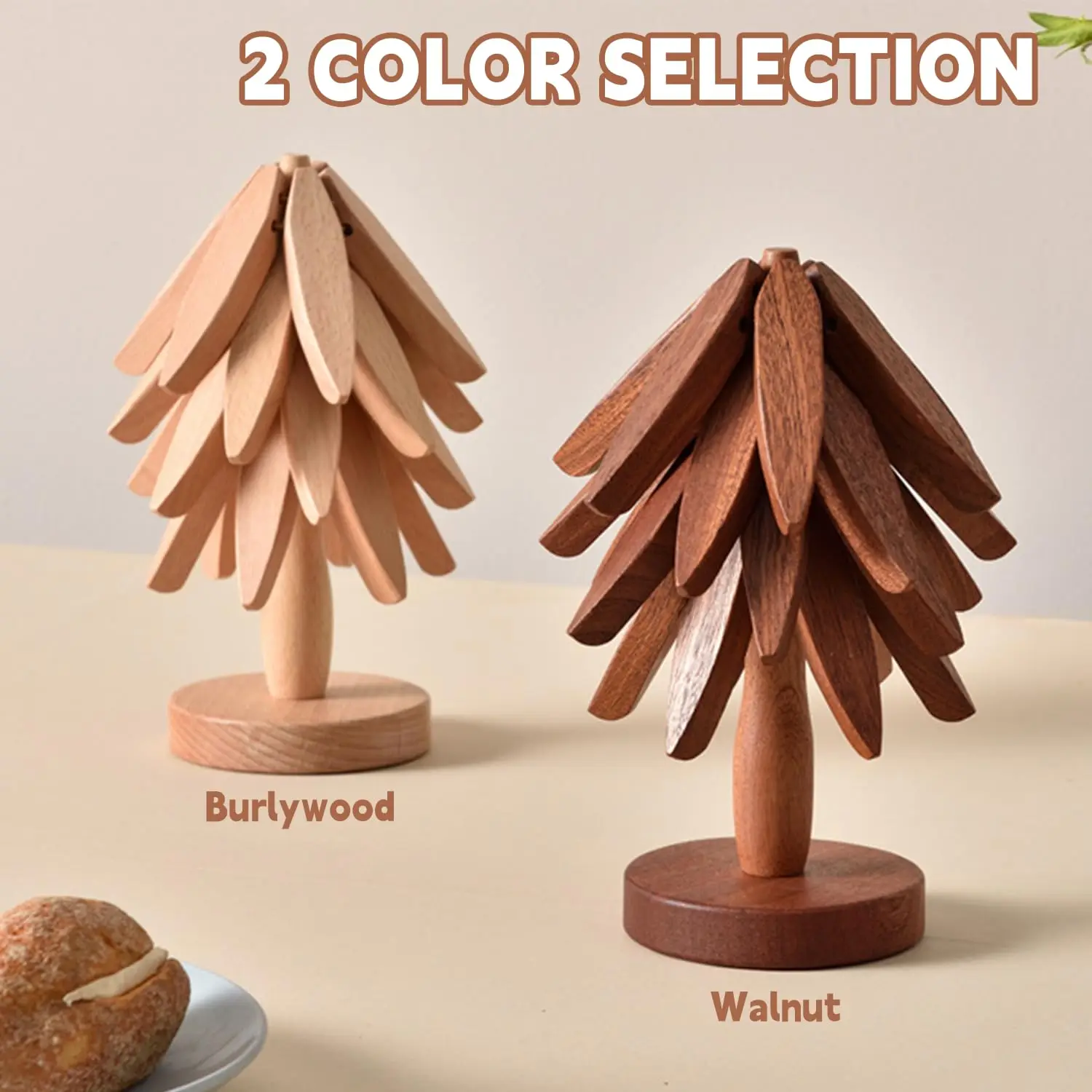 Tree Shape Wooden Trivet Set 4 Trivets + 1 Stand for Hot Dishes Natural Foldable Kitchen Trivet for Pot Bowl Teapot Hot Pot Hold