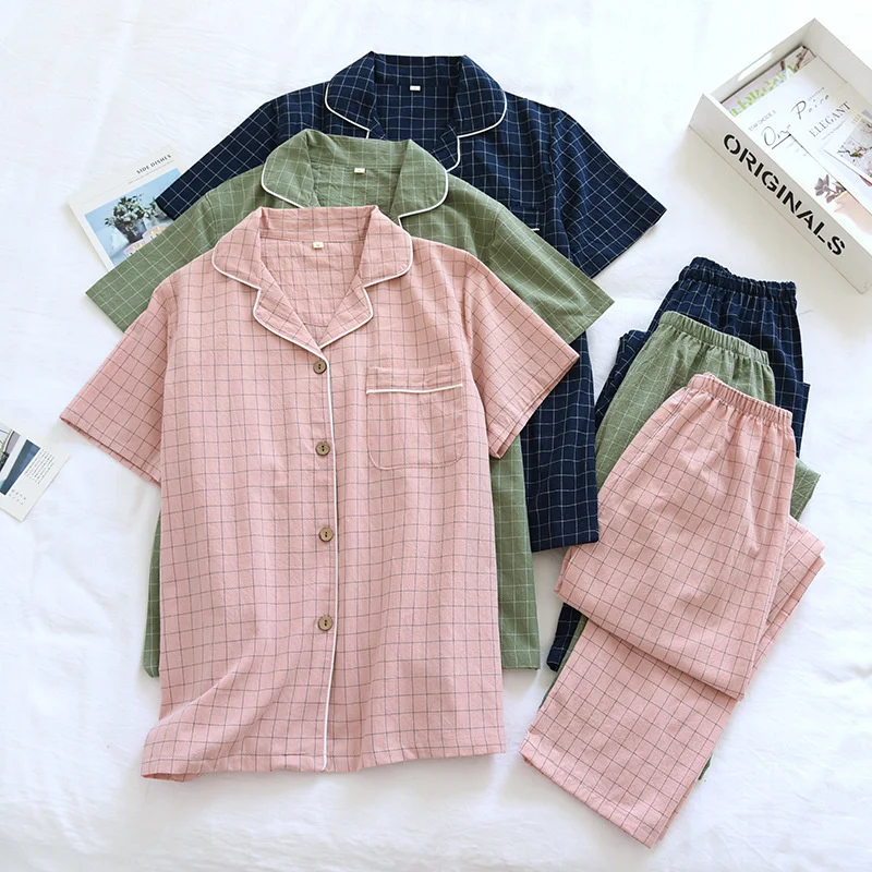 

Woman Cotton Pajama Lounge Sleeping Plaids Thin Home Long Pants set