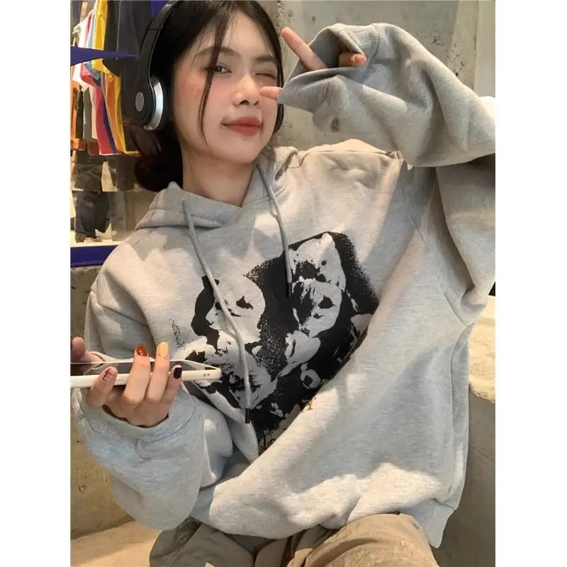 

American hip-hop men and women loose fitting retro spring and autumn personalized printed hoodies street couple casual tops y2k