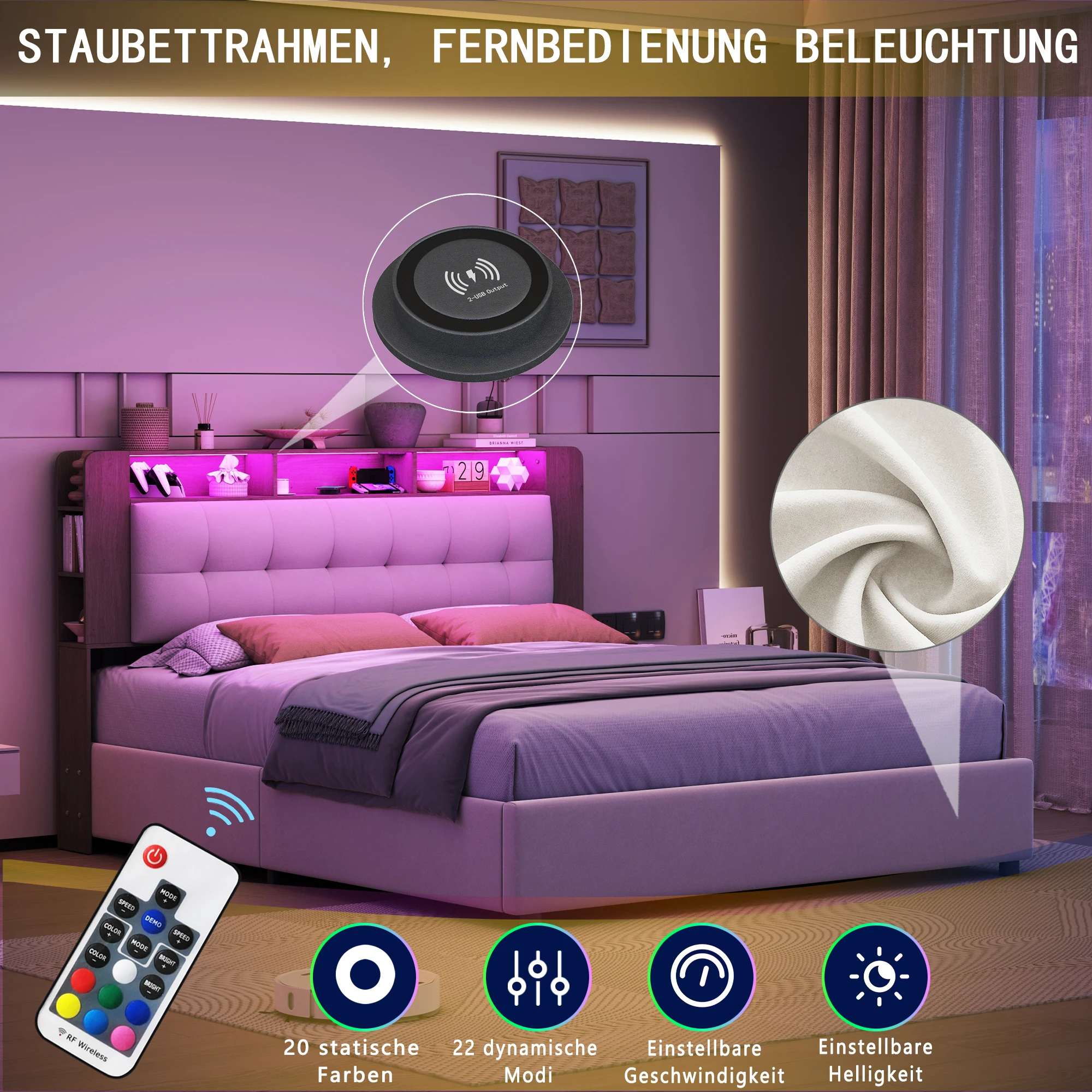 Lazyspace Upholstered Bed 140x200cm, Double Bed with Storage Space and Slatted Frame, LED Headboard with USB Charging, Youth Bed
