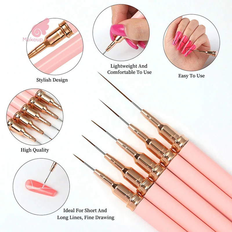 5pcs Nail Art Liner Brush Set UV Gel Nail Brushes Kits French Stripe Line Painting Drawing Flower Pen Professional Manicure Tool