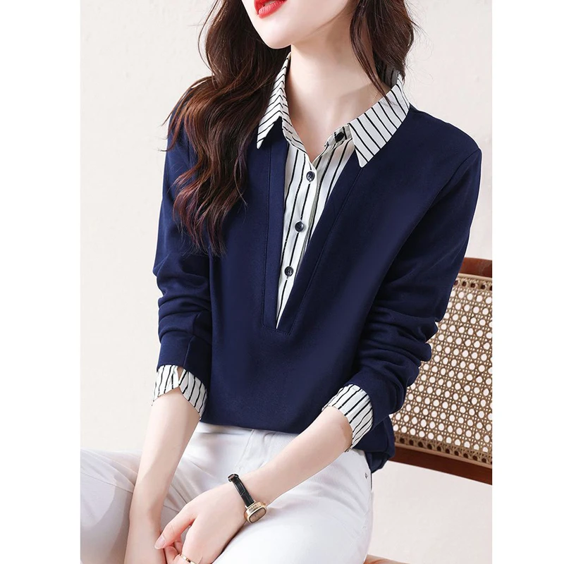 Korean Fashion Elegant Striped Print Patchwork Street Sweatshirt Women Casual Long Sleeve Slim Pullover Top Female Clothing 2023