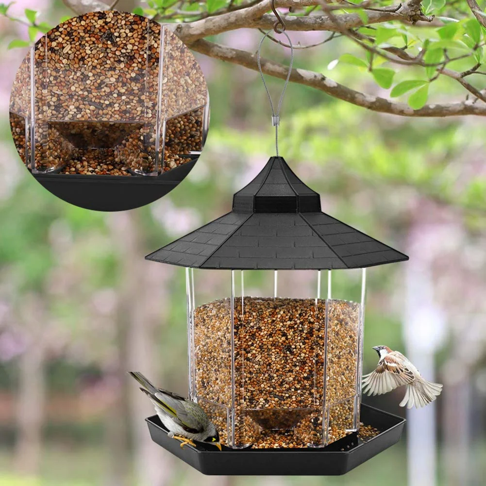 1pcs Wild Bird Feeder Hanging Hexagonal Roof Pavilion Semi-Automatic Bird Feeder Garden Courtyard Exterior Decoration Bird Feeder