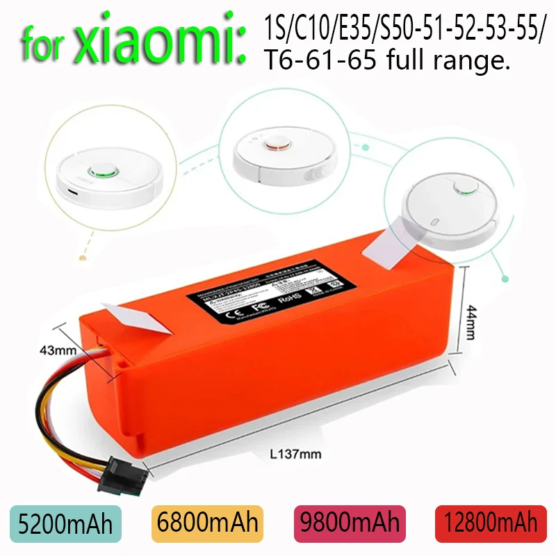 Vacuum Cleaner Battery Replacement 14.4V 12800mAh For Xiaomi Roborock S5 S55 S60 S65 S50 S51 MAX S6 Parts