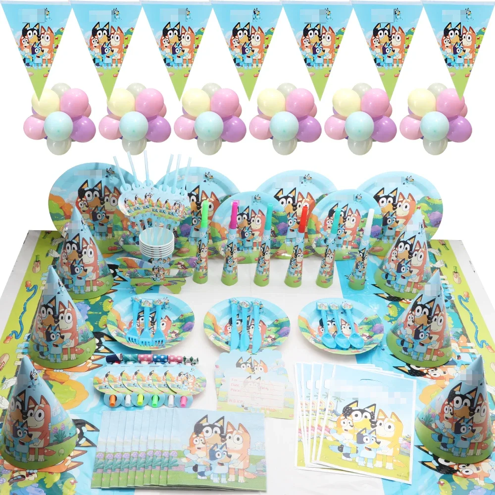 Décoration de fête d'anniversaire pour enfants Bingo bleu chaud, ballon numérique, ensemble de britware de poulet, produits de bain pour bébé mignon, fond