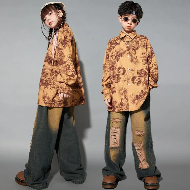 

Hip Hop Clothing Girls Vintage Print Shirt Boys Sweatshirt Street Dance Pants Streetwear Costume For Kids Teens Jazz Clothes Set
