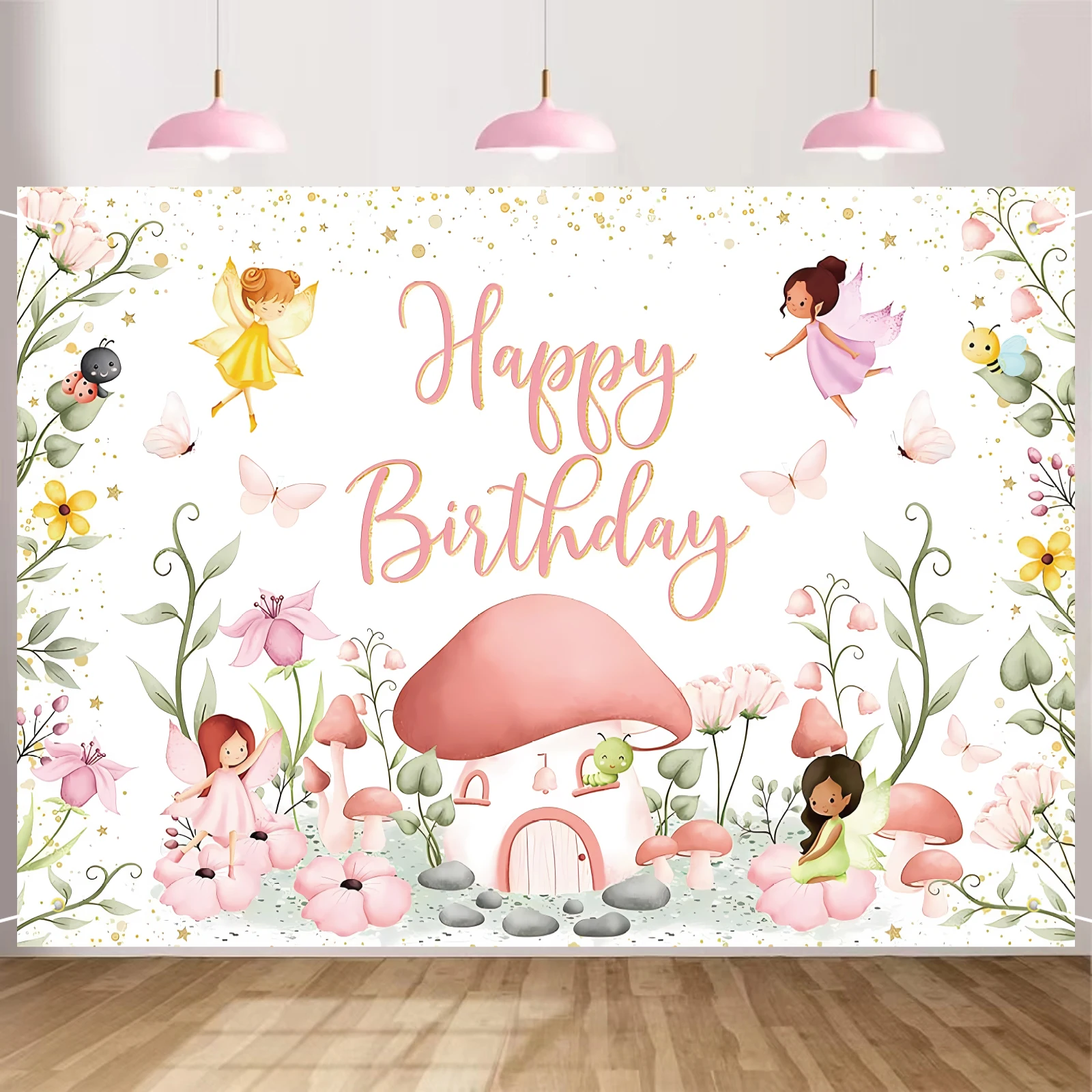 Fairy Birthday Backdrop Elf Mushroom Fairy Birthday Party Decorations Backdrop for Pink Flowers Butterfly Garden
