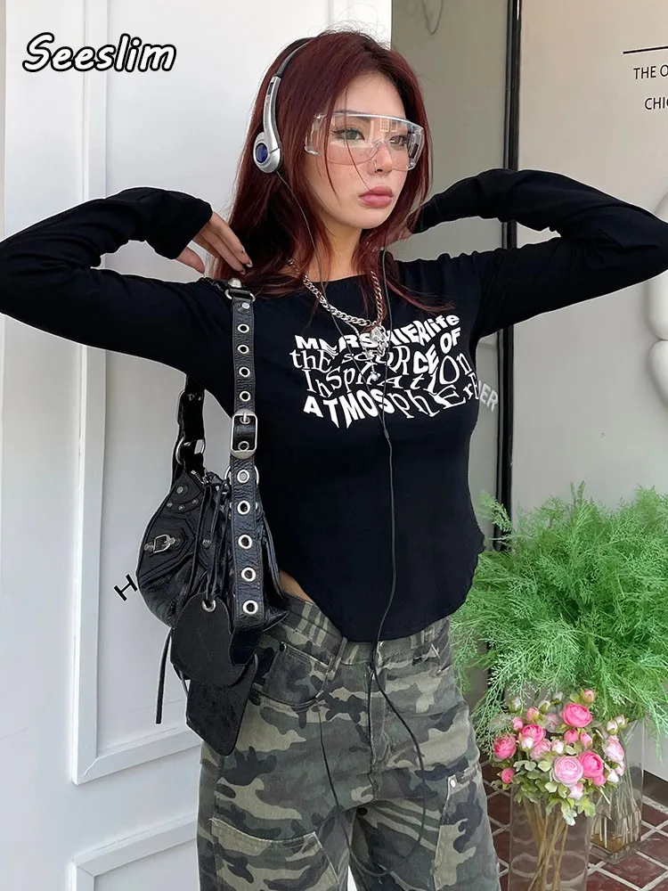 

Женская футболка с принтом и длинным рукавом, в стиле Харадзюку