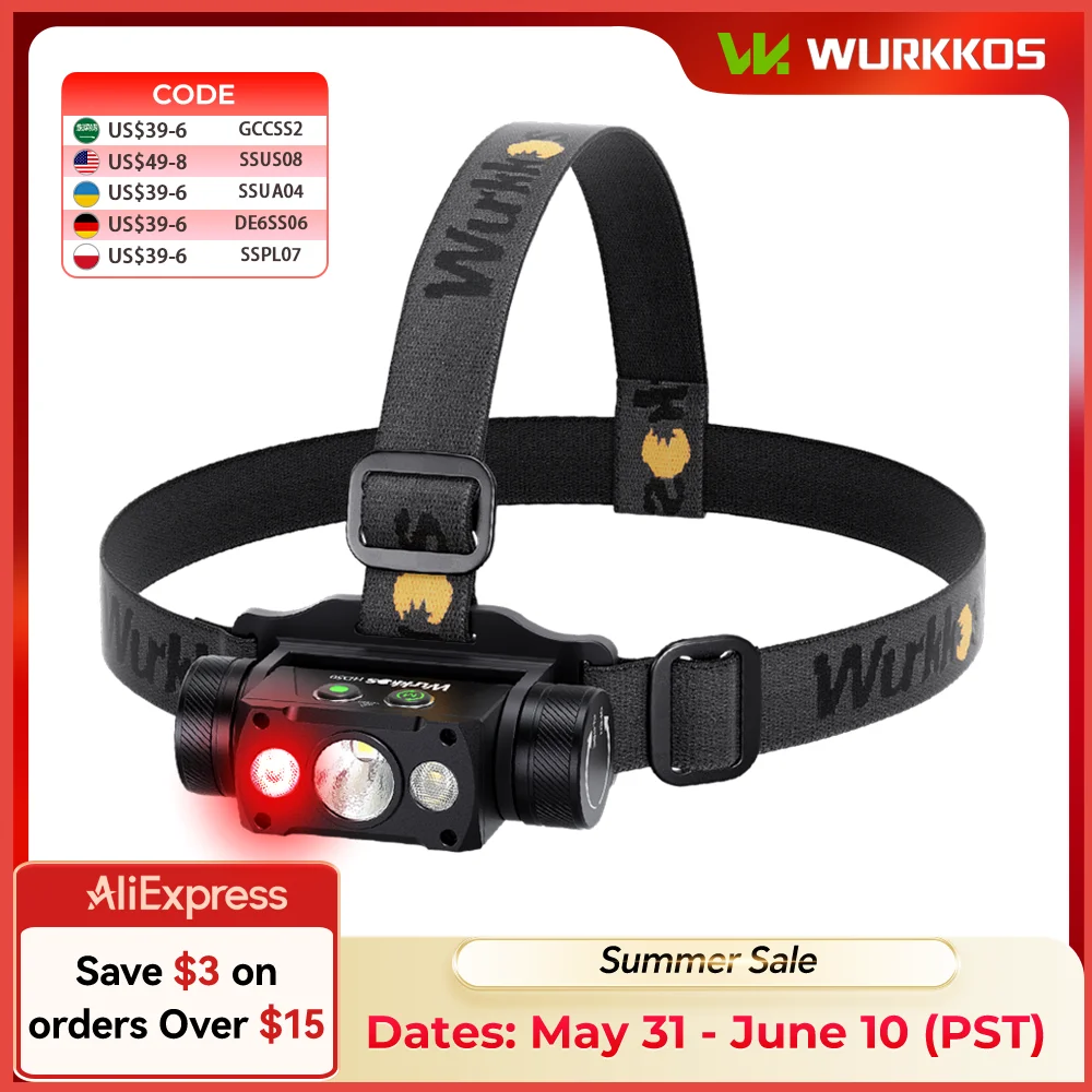 Wurkkos HD50 고성능 충전식 헤드램프 4000LM IP67 레드 화이트 라이..
