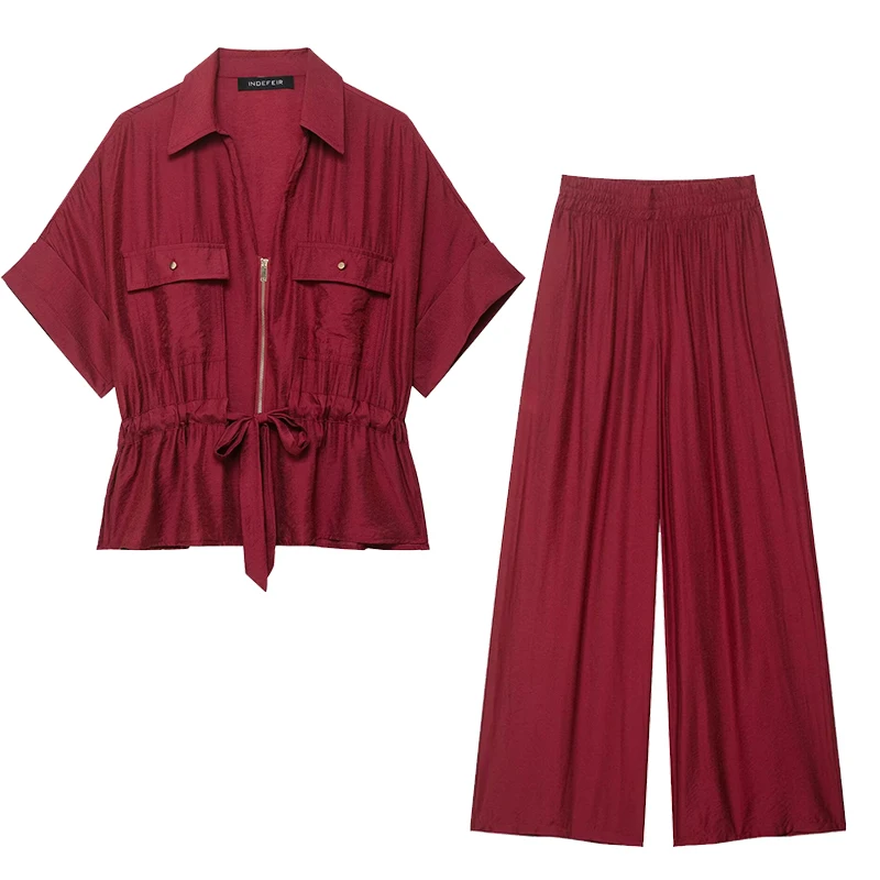 Wide Leg Pant Set 2 Pieces Sets For Women Outfits 2025 New Fashion Short Sleeve Shirt Women's Suit Casual Two Pieces Set