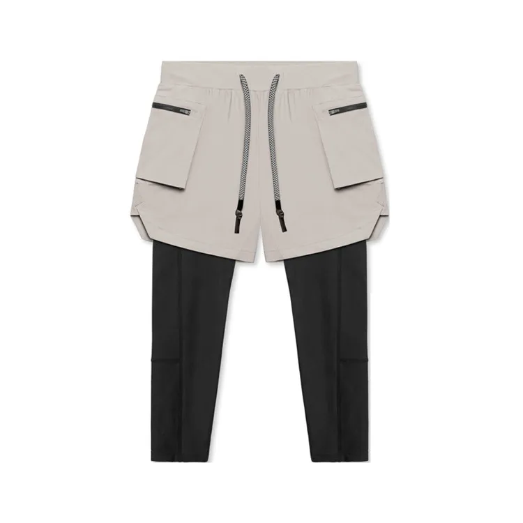 Men's Leggings Fake Two Pieces Fitness Sports Running Training Leisure Elastic Quick Drying Pants Cargo Mid-Waist Trousers