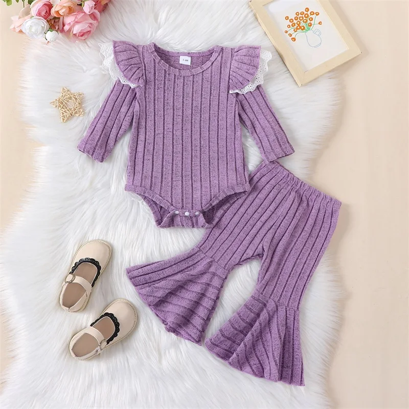 

newborn baby girl fall winter clothes ruffle long sleeve romper solid knit sweater rib bell bottoms pants outfits