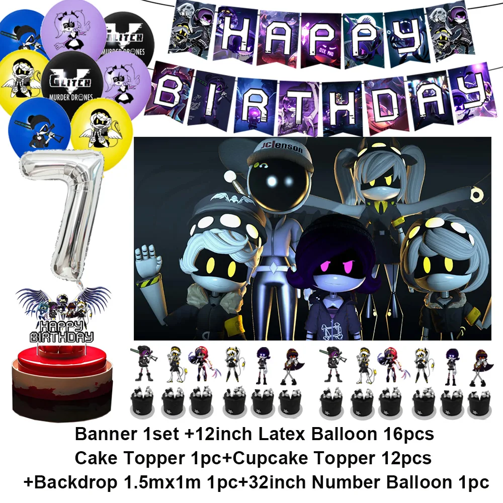 Murdered Drones Themed Birthday Party Decoration Set - Background, Balloons, Banner & Cake Topper