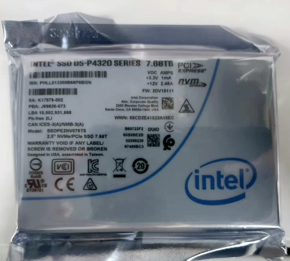 7.68TB P4320 시리즈 SSD U.2 2.5 인치 PCIE NVME 솔리드 스테이트 드라이브 엔터프라이즈 SSD, 인텔 3DV10100 SSDPE2NV076T8 용, 신제품