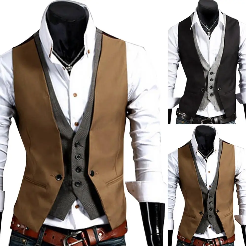 

Men Fake Two-pieces V Neck Sleeveless Button Pocket Slim Fits Waistcoat Jacket Solid color slim design, simple yet stylish