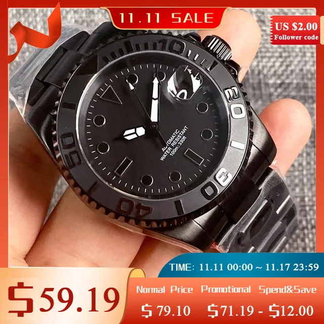 BLIGER 100M Waterproof NH35A PT5000 Movement Automatic PVD Watch For Men Brushed Ceramic Insert Stainless Steel Strap Glide Lock