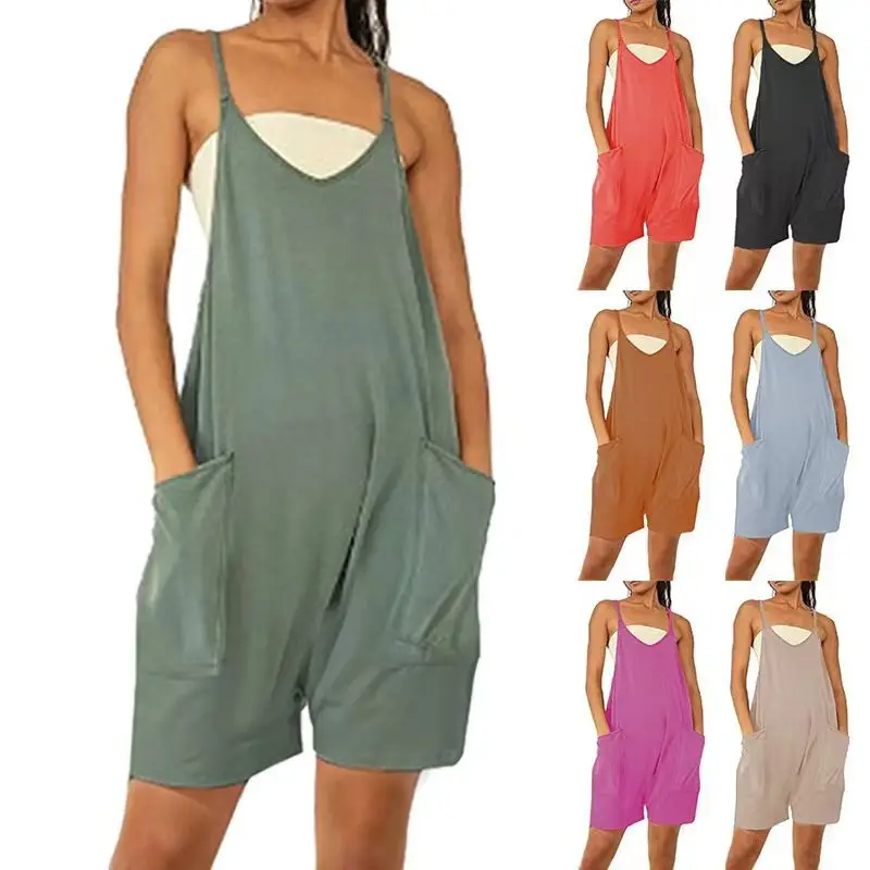 Wide Leg Jumpsuit With Pockets Summer Playsuits Rompers Women Casual Solid Strappy Pockets Overalls Loose Shorts Jumpsuits