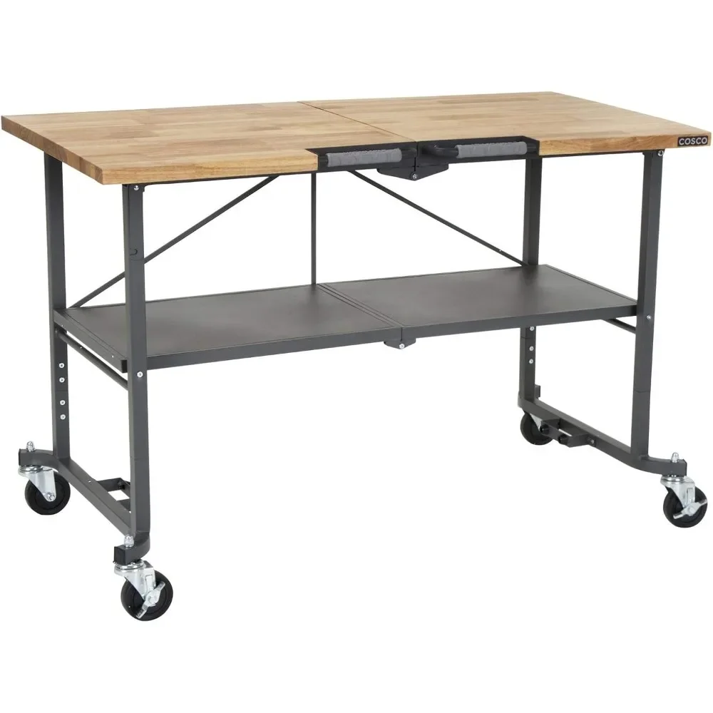 NEW-COSCO SmartFold Butcher Block Portable Workbench / Folding Utility Table (Hardwood Top, 700LB Total Weight Capacity, Locking