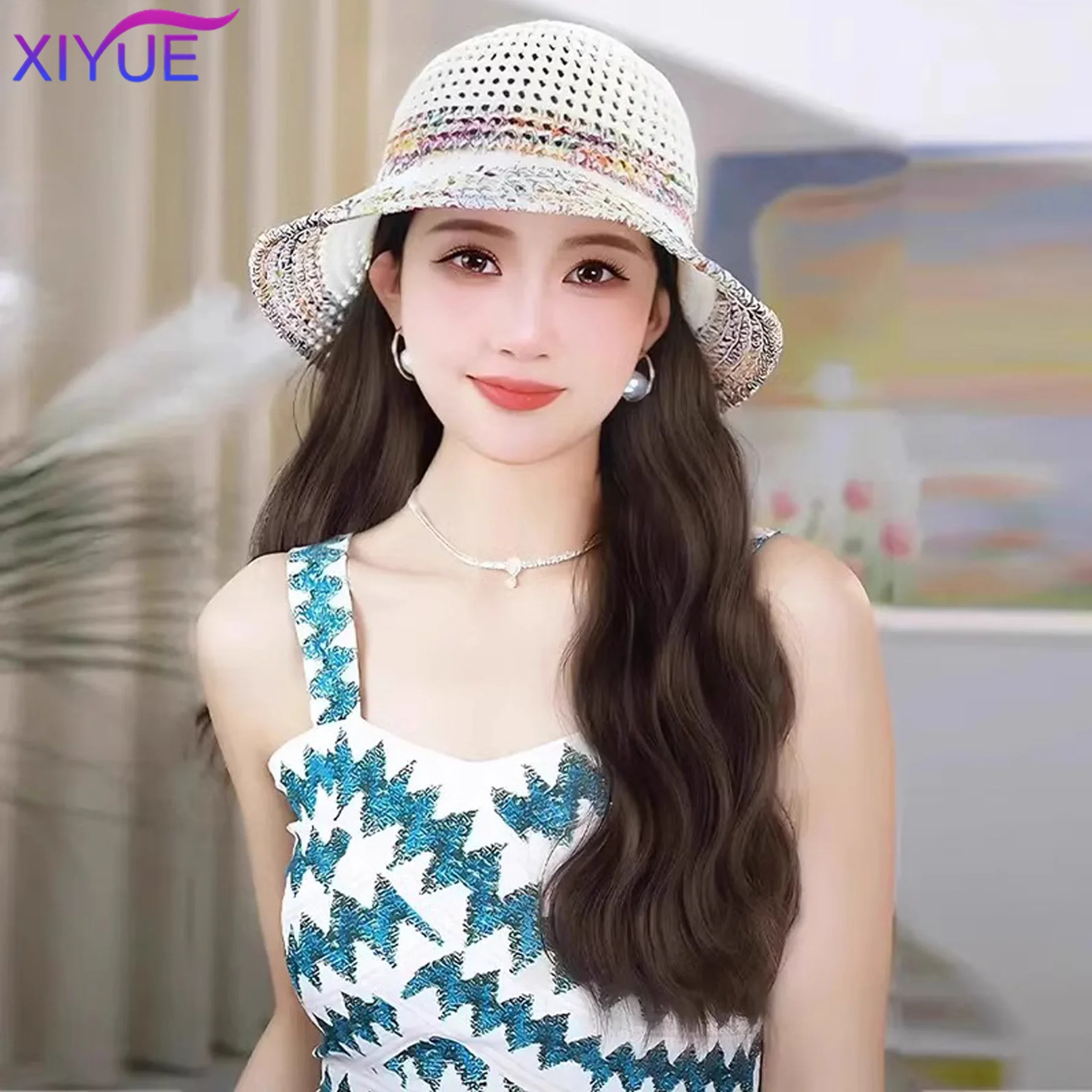 XIYUESynthetic Hollow Visor Wig  Ombre Long Roll Hat with hair Extension Travel Fashion Wigs Women's Natural Wigs