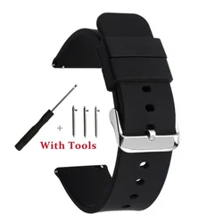 Quick Release Silicone Watch Strap with Silver Black Pin Buckle - 22mm (Black Silver)