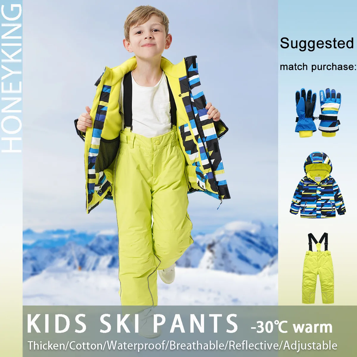 HONEYKING Kids Ski Pants Winter Outdoor Waterproof Warm Ski Trousers Boys And Girls Jumpsuit Overalls Tracksuits Kids Snow Pants