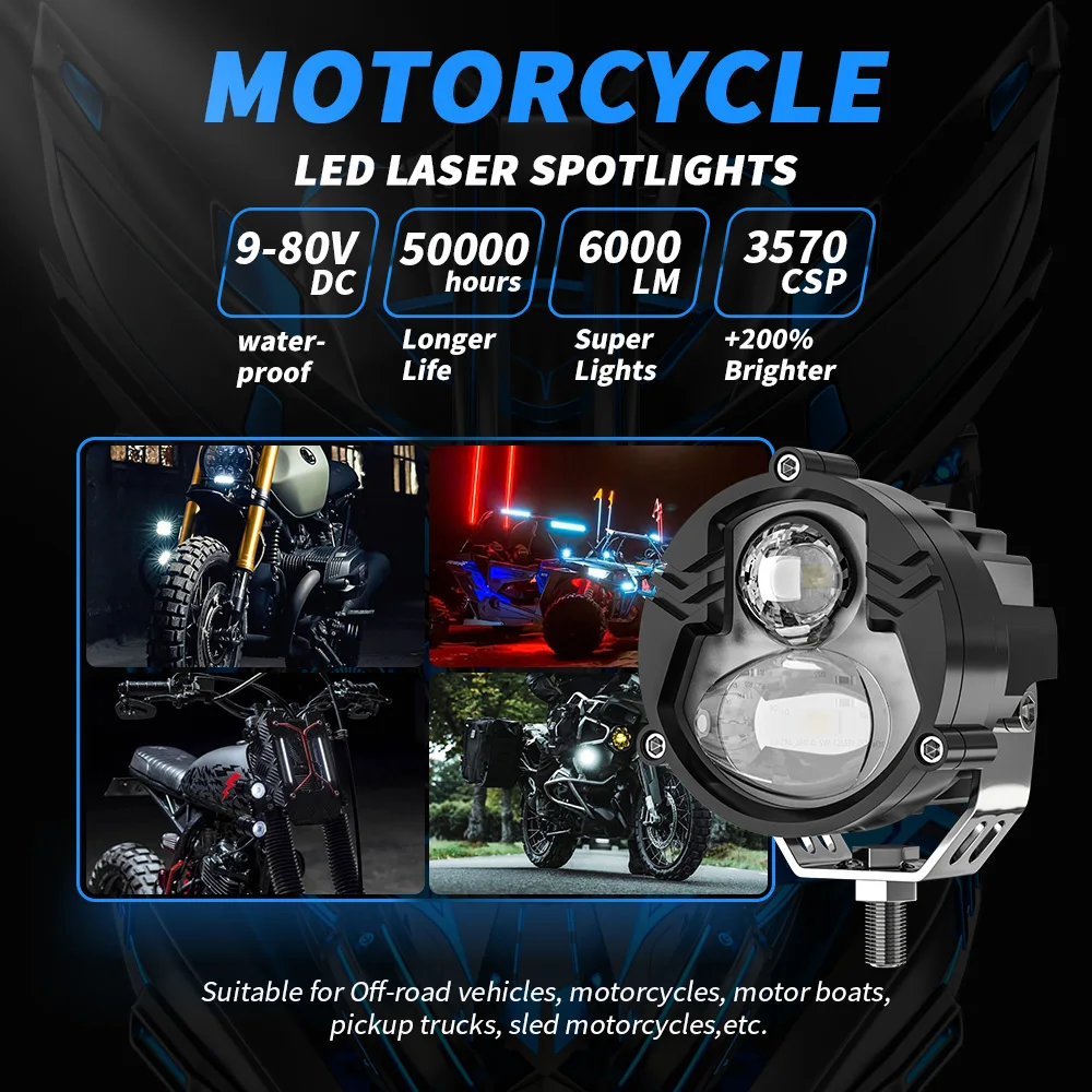 1X Motorcycle Spotlight 9-80V Laser beam High and low beams